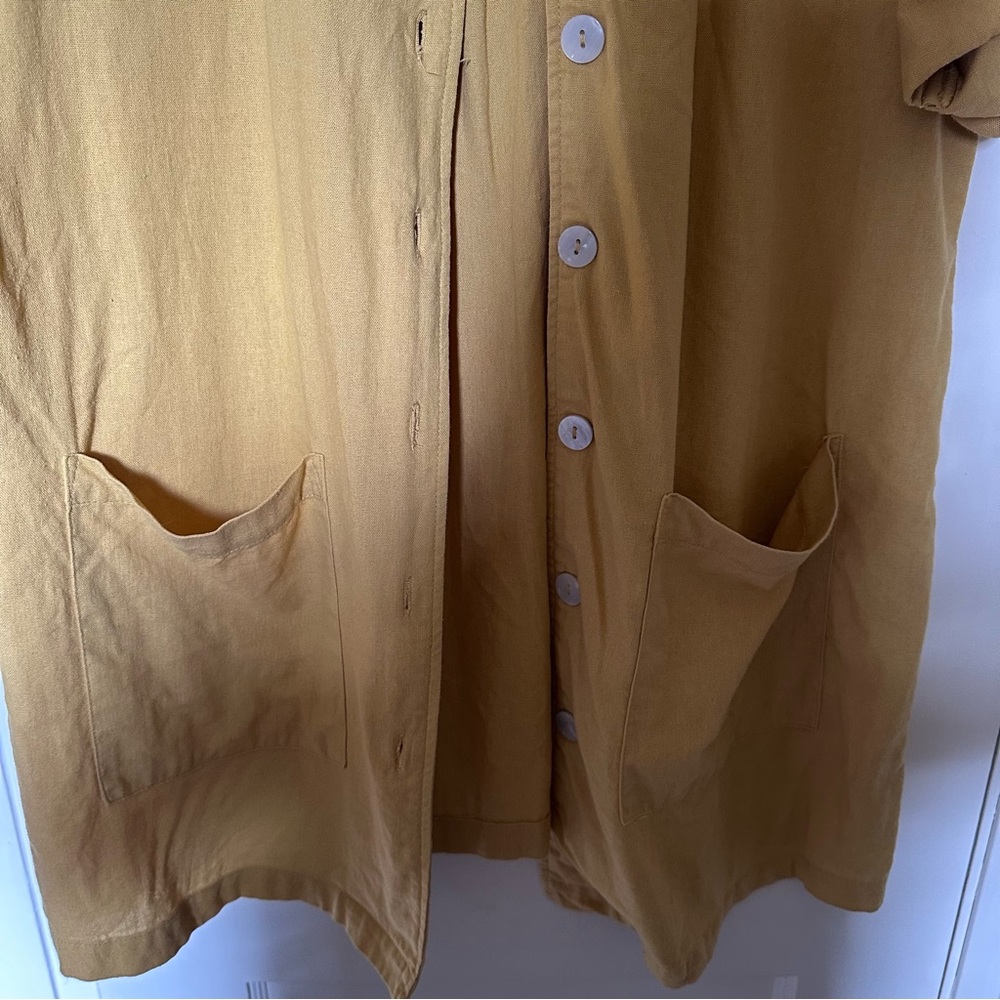 Yellow Linen Blend Short Sleeve Shirt With Pockets, Lagenlook, Beach Cover-up - Picture 6 of 11